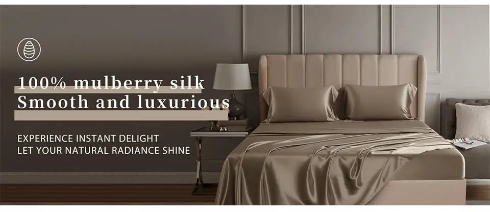 Bed with beige bedding and pillows in a luxury bedroom setting, featuring text about mulberry silk.