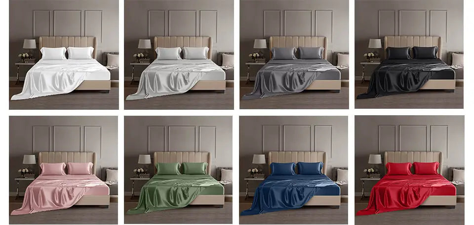 Luxury bedding set displayed on a bed in various colors with a neutral background.