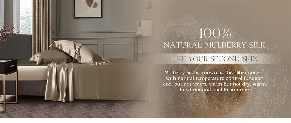 Bed with mulberry silk blanket in a bedroom setting, featuring text about the fabric's properties.